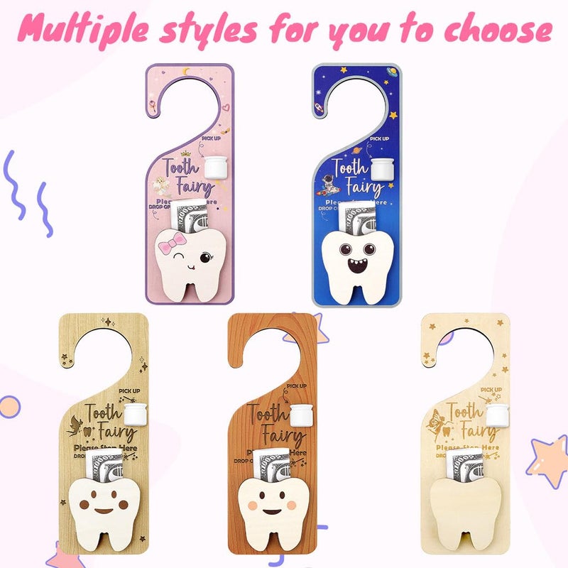 WALLFID 2-in-1 Design Tooth Fairy Door Hanger,Tooth Design Tooth Fairy Tooth Holder with Gift Compartment,Tooth Fairy Gifts Including Tooth Fairy Coins,Ideal for Celebrating Lost Teeth (Wood 1) - Image 3